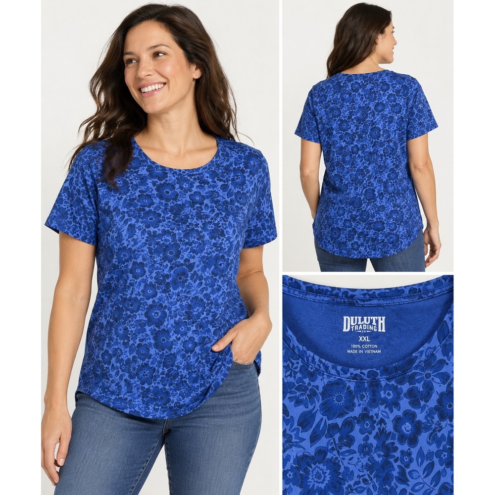 Duluth Trading Co Womens Lightweight Longtail T Crew Neck Floral Blue XXL 53238